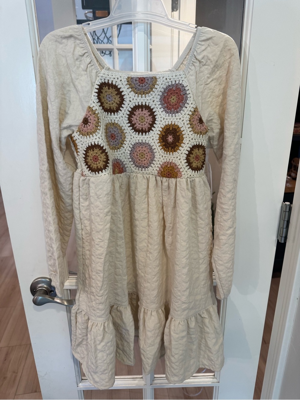 Cream Long-Sleeve Girls Dress with Crochet Medallion Front